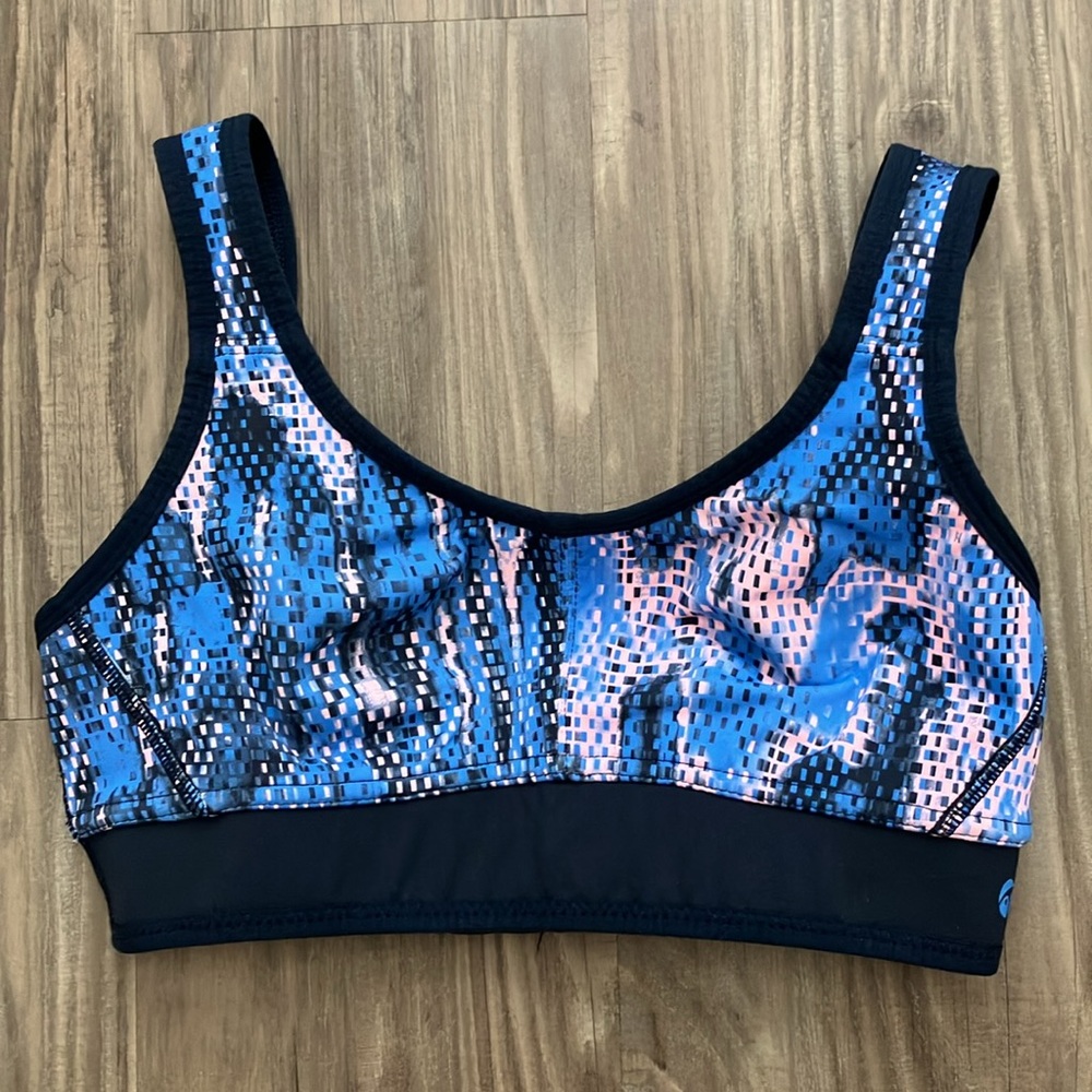 Blue and Pink Patterned Sports Bra mesh detail